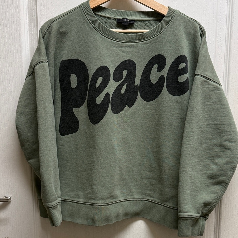 J. Crew Green Crewneck University terry "Peace" sweatshirt